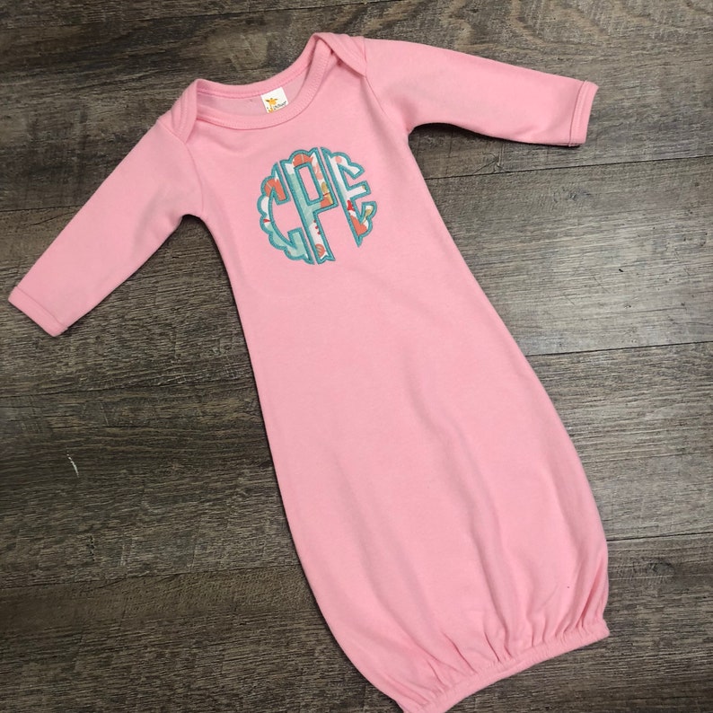 blush monogrammed infant gown newborn baby gown customized baby gown scalloped Pink monogrammed baby gown girls coming home outfit