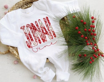 Personalized Christmas baby romper and hat set, cottagecore, custom coming home outfit, sleeper with footies, red Christmas romper, plaid