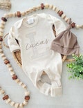 Personalized neutral baby romper and hat set, custom infant boy coming home outfit, baby shower gift, beige with footies, taupe tan