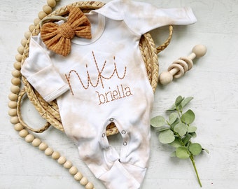 Personalized beige vintage stitch romper with bow custom gender neutral coming home outfit baby shower gift custom name outfit for baby girl