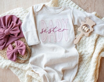 Baby Sister Girl Knotted Gown and bow set, custom coming home outfit for girl, baby shower gift, cottagecore baby outfit
