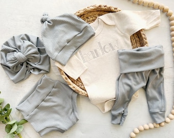 Personalized grey and oatmeal newborn outfit, custom name boy girl, coming home outfit, baby girl outfit, hospital outfit for boy