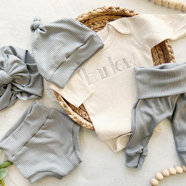 Personalized grey and oatmeal newborn outfit, custom name boy girl, coming home outfit, baby girl outfit, hospital outfit for boy