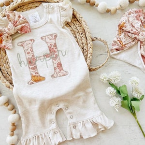 Personalized baby girl romper, vintage floral infant coming home outfit, baby shower gift, newborn outfit ruffle flutter, custom name