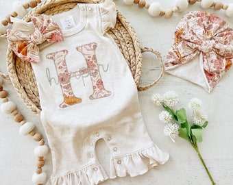 Personalized baby girl romper, vintage floral infant coming home outfit, baby shower gift, newborn outfit ruffle flutter, custom name