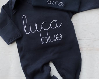 Personalized navy baby romper and hat set, custom infant boy coming home outfit, baby shower gift, navy sleeper with footies, simple stitch