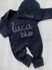 Personalized navy baby romper and hat set, custom infant boy coming home outfit, baby shower gift, navy sleeper with footies, simple stitch 