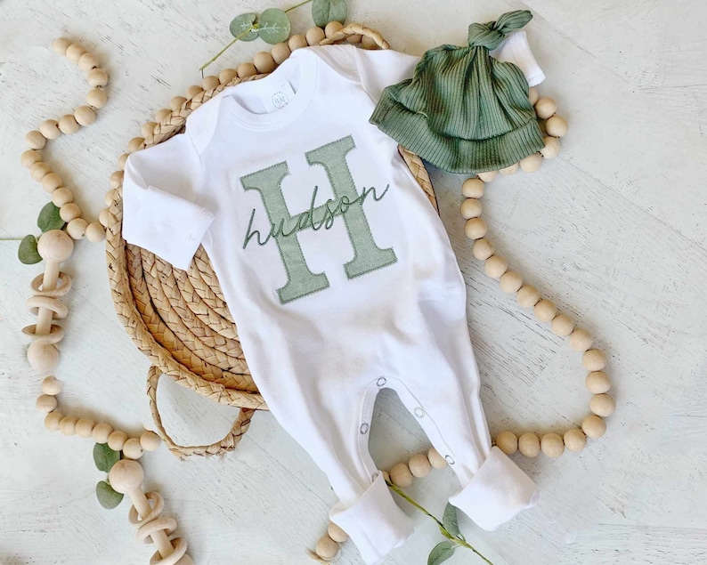 Personalized neutral baby romper and hat set, custom infant boy coming home outfit, baby shower gift, beige sleeper with footies, Sage Green image 1