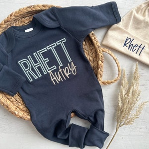 Personalized navy blue, and beige newborn footie, coming home outfit for baby boy, gift for baby boy, hospital outfit, baby shower gift