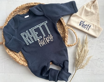Personalized navy blue, and beige newborn outfit, coming home outfit for baby boy, gift for baby boy, hospital outfit, baby shower gift