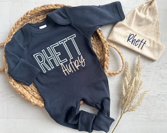 Personalized navy, blue, and beige newborn outfit, coming home outfit for baby boy, baby boy outfit, hospital outfit for boy