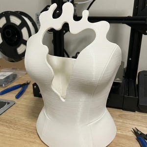 May include: A white, 3D-printed decorative bust with a unique openwork design. The bust is shaped like a corset, featuring a plunging neckline and an abstract top edge. The object is sitting on a wooden surface.