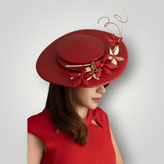 Red Leather Fascinator Hat: Ivory Floral Millinery for  display picture 1
