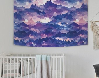 Fantasiekasteel wandtapijt-paarse wolken bergen, dromerige muurkunst #77