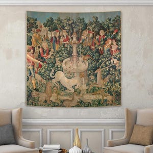 The Unicorn is Found Tapestry – Medieval Hunt Scene, Vintage Mille-Fleurs Art Wall Hanging, Historic Unicorn Tapestry Reproduction #39