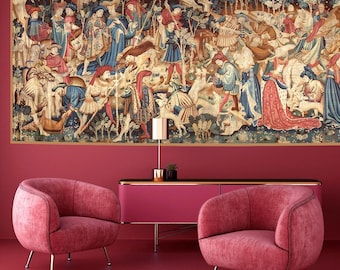 May include: A large tapestry depicting a medieval hunting scene with numerous figures in period clothing, dogs, and animals. The tapestry features a detailed design with a variety of colours, including blues, reds, and greens. The tapestry is framed and mounted on a wall.