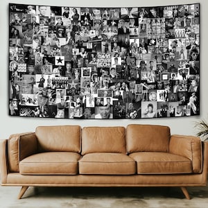 David Bowie Tribute Tapestry – Iconic Rock Legend Wall Art, Black and White Bowie Collage, Music Icon Fabric Wall Hanging #26