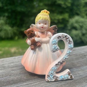Josef Originals 2nd Birthday Angel Figurine: Porcelain Teddy Bear, Vintage Nursery Decor
