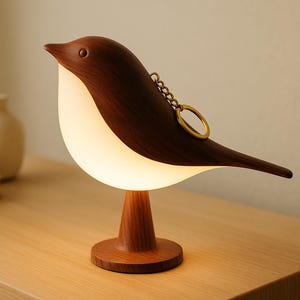 Pode incluir: Lâmpada em forma de pássaro de madeira com uma barriga quente e brilhante. A lâmpada tem um corpo castanho escuro, um centro branco iluminado e uma base de madeira. Uma pequena corrente e um anel dourados estão presos às costas do pássaro. A lâmpada está numa superfície de madeira.