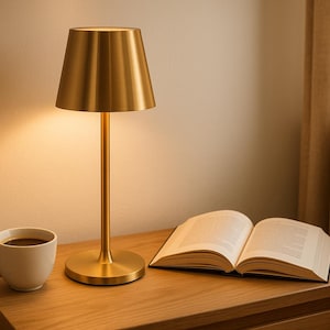 Może przedstawiać: Złota lampa stołowa z stożkowym kloszem stoi na drewnianym stoliku nocnym. Obok znajduje się otwarta książka i biały kubek z kawą. Lampa oświetla scenę ciepłym blaskiem.