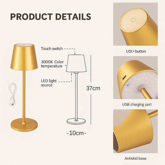 Modern Gold Metal Table Lamp, Steples...