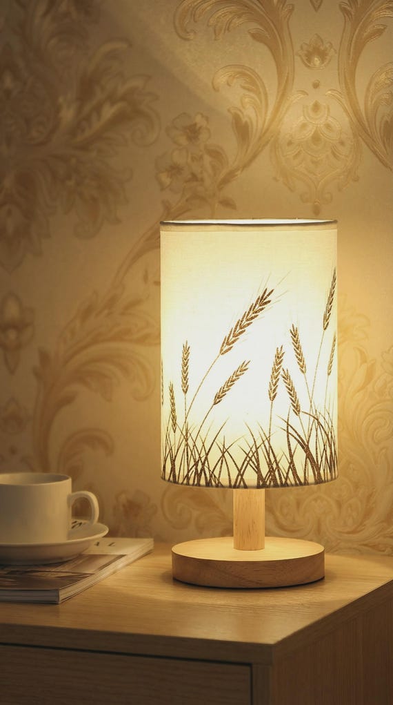 Linen Table Lamp – Wood Base, Wheat Ear Pattern, USB Powered