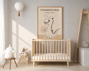 Puede incluir: Una lámina de arte mural enmarcada con una ilustración de líneas de un dinosaurio Tyrannosaurus. El texto dice Tyrannosaurus, The Mighty Predator, Length 12 m, Weight 9 t, Late Cretaceous, North America. La lámina tiene un fondo beige.