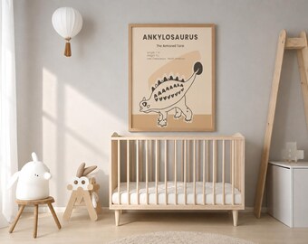 Puede incluir: Una lámina de arte mural enmarcada con un dibujo lineal negro de un dinosaurio Ankylosaurus sobre un fondo beige. El texto dice ANKYLOSAURUS, The Armored Tank, con detalles adicionales sobre su longitud, peso y periodo en Norteamérica.