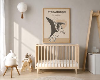 Puede incluir: Una lámina de arte mural enmarcada con un dibujo lineal de un Pteranodon con el texto PTERANODON, The Sky Glider, Wingspan 7 m, Weight 25 kg, Late Cretaceous, North America. La lámina tiene un fondo beige con una ilustración de dinosaurio marrón.