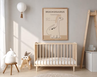 Puede incluir: Una lámina de arte mural enmarcada con una ilustración de líneas de un Brachiosaurus con el texto BRACHIOSAURUS, The Gentle Giant, Length 26 m, Weight 50 t, y Diet Herbivore, Herbivore, Herbivore, Herbivore, Herbivore.