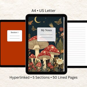 Pode incluir: Caderno digital com um design de cogumelos na capa, com cogumelos vermelhos e brancos sobre um fundo azul escuro. O caderno tem 5 seções e 50 páginas pautadas. O texto "My Notes" é visível na capa.