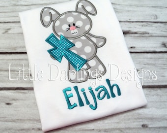 Cute Boys Bunny with Cross Appliqued and Monogrammed Easter Shirt