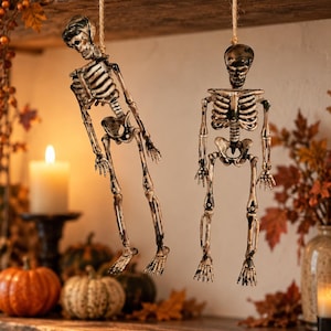 May include: Two hanging skeleton figures with an aged, off-white bone finish and dark, weathered detailing. Each skeleton is suspended by a simple jute twine loop attached to the cranium, featuring articulated joints and a realistic rib cage.