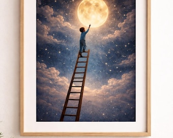 Reach for the Moon Wall Art – Inspirational Children’s Bedroom Print