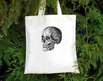 Skull tote - organic cotton tote bag - reusable bag - groccery bag - spooky halloween - skulls, human skull, cross bones