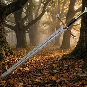 May include: An intricately designed sword with a patterned blade, gold crossguard, and black handle. The sword is set against a backdrop of a forest floor covered in fallen leaves and large trees.