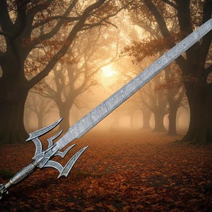 May include: An intricately designed sword with a patterned blade and a silver hilt. The guard has a distinctive design with three curved prongs. The background shows a forest with autumn leaves.