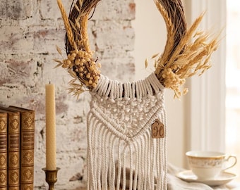 Boho Makramee Weinrebe Kranz | Neutral Wandbehang | Rustikales Landhaus Wohnkultur | Getrocknete Blumen Hoop