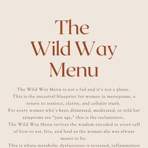 May include: A beige graphic with the title "The Wild Way Menu" in brown text. The text describes a program for women in menopause, focusing on ancestral health, reversing metabolic dysfunction, and addressing menopause symptoms. The author is Andrea Clements.