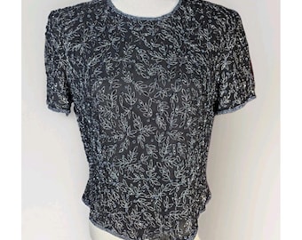 Blusa formal vintage de seda negra con cuentas para mujer de Papell Boutique - Talla: L