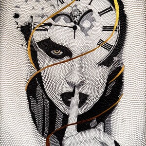May include: Black and white artwork of a woman's face combined with a clock design. The woman's eye is visible, and a finger is placed on her lips in a 'shush' gesture. Gold-colored lines accent the image.