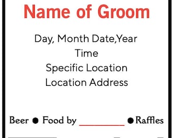 May include: A black and white invitation card with the word "STAG" at the top, followed by details for an event in honor of the groom. Includes space for date, time, location, and a QR code.