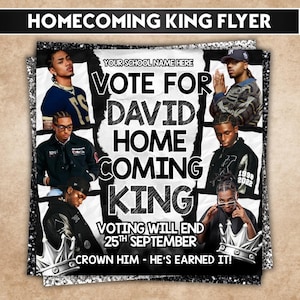 Könnte beinhalten: Ein Flyer für die Wahl zum Homecoming King mit Fotos junger Männer. Der Text lautet „VOTE FOR DAVID HOMECOMING KING“ mit dem Datum „25. September“ und dem Satz „CROWN HIM - HE'S EARNED IT!“