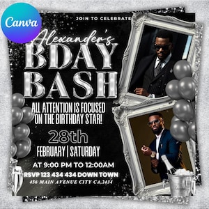 May include: A black and silver birthday party invitation with the text "Alexander's BDAY BASH". The invitation includes photos, balloons, and event details. The Canva logo is in the upper left corner.