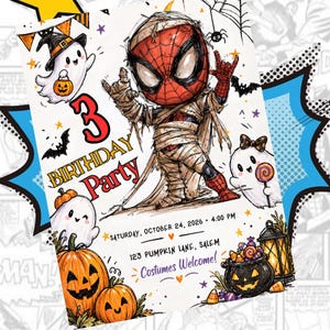 Könnte beinhalten: Eine Halloween-Geburtstagseinladung mit einem als Mumie verkleideten Superhelden, Geistern, Kürbissen und einem Kessel. Der Text enthält 3 BIRTHDAY PARTY, SATURDAY, OCTOBER 24, 2026, 4:00 PM, 123 PUMPKIN LANE, SALEM und Costumes Welcome.