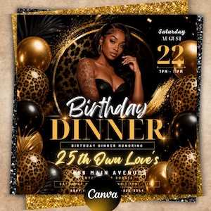 Leopard Print Birthday Flyer, Gold Dinner Invitation, Social Media Evite, DIY Birthday Party Template, Party Flyer Invite, Canva Editable