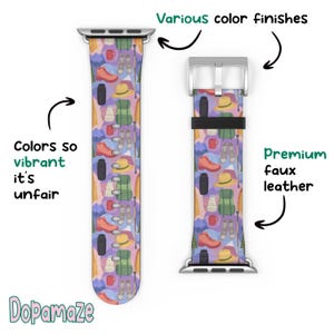 May include: Watch band with a colorful hiking-themed pattern. The design includes boots, hats, backpacks, and mugs on a purple background. The band is made of premium faux leather and has a silver buckle.