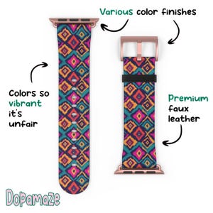May include: A vibrant watch band with a colorful geometric pattern in teal, pink, orange, and purple. The band is made of premium faux leather and has a rose gold buckle and connectors. The text "Colors so vibrant it's unfair" is visible.