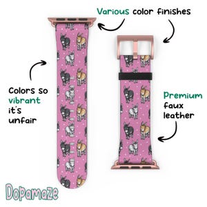 May include: A pink faux leather watch band featuring a repeating pattern of donkeys in black, white, and tan. The band has a rose gold buckle and connectors. The text "Colors so vibrant it's unfair" is on the left side.