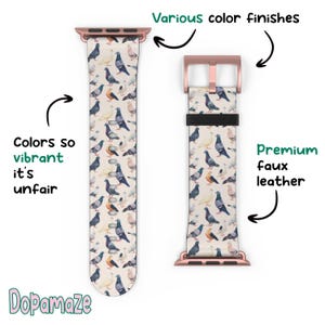 Op de afbeelding: Horlogebandje met een patroon van duiven in verschillende kleuren op een crèmekleurige achtergrond. De band is gemaakt van premium imitatieleer en heeft een roségouden gesp en connector. De tekst "Colors so vibrant it's unfair" is zichtbaar.